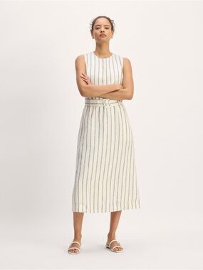 Everlane Linen Belted Midi Dress Coastal Navy Striped Sleeveless pockets minimal